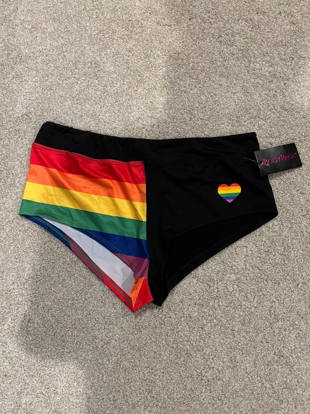 NWTBody Rage Pride Rainbow Boyshorts/Swim bottom- Black with Rainbow Stripe